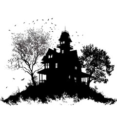 Haunted house silhouette illustration, vector style Halloween illustration, white background