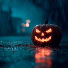 Pumpkin lantern glowing in the rain, Halloween illustration