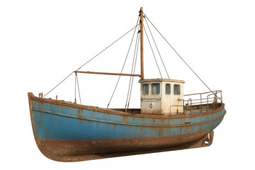Naklejka premium Small rusty and blue fishing boat isolated on transparent background, showing signs of wear and tear