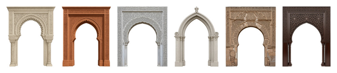 Ornate architectural arch set including stone, wooden, and distressed styles isolated. Middle Eastern and Islamic design elements.