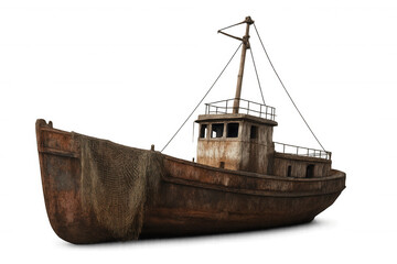 Weathered fishing vessel displaying frayed net, symbolizing maritime decline and forgotten maritime heritage