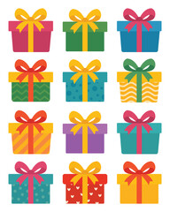 Collection of gift boxes. Festive packaging.
Isolated white background. Flat style vector illustration.