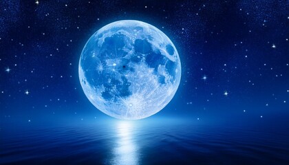 Fototapeta premium Full Moon With Blue Tones And Luminous Glow In A Clear Night Sky With Stars