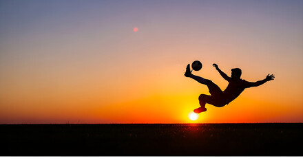 Dynamic Silhouette of a Soccer Player Performing a Bicycle Kick Against a Vibrant Sunset