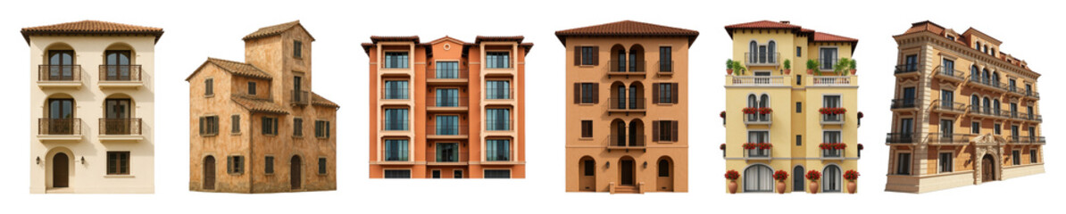 Fototapeta premium Mediterranean building set including diverse facades, colors, and styles isolated. European architecture collection for urban design.