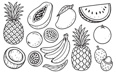 Hand drawn tropical fruits collection with pineapple, watermelon, banana, mango, coconut isolated on transparent background, generative ai
