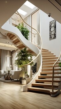 Elegant interior featuring a flowing staircase design within a modern living space adorned with
