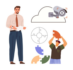 Worker analyzing data on paper, team placing puzzle pieces under cloud graphic with CCTV camera. Ideal for teamwork, data security, cloud computing, collaboration, surveillance, problem solving