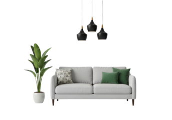 A light-filled living room scene showcases a light gray sofa, verdant throw pillows, and a striking potted plant, all accented by modern black pendant lights.