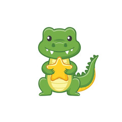 Fototapeta premium A cute cartoon alligator holding a golden star, conveying joy and achievement