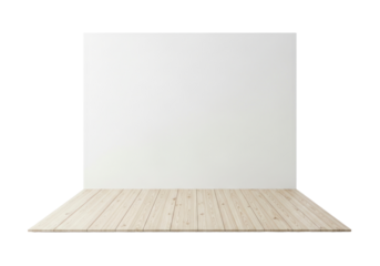 A neutral, minimalist display platform, featuring light beige wooden planks on a white background.