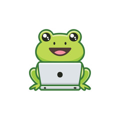 Obraz premium A charming green frog happily using a laptop, showcasing the intersection of nature and technology 