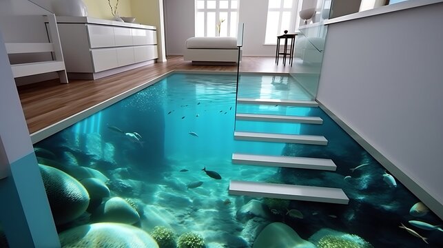 Immersive aquatic floor design creates a stunning and unique interior space adding ocean themed