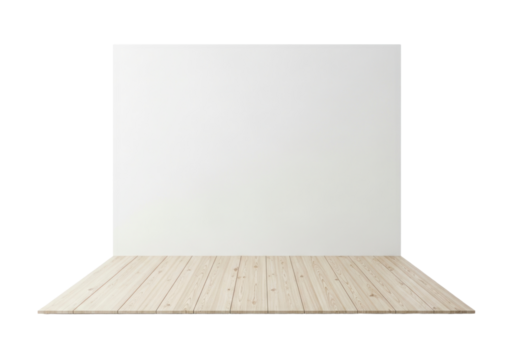 A neutral, minimalist display platform, featuring light beige wooden planks on a white background.