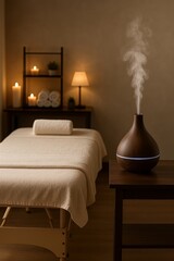 Spa room with massage bed and essential oil diffuser. Relaxing ambiance for beauty and wellness treatments.