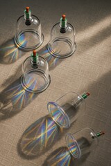 Hijama, treatment according to the Sunnah. Traditional cupping therapy set for alternative medicine. Vibrant light reflections add a unique visual element.