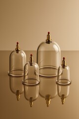 Glass cupping therapy cups on a reflective surface. Traditional alternative medicine tool. Hijama, treatment according to the Sunnah.