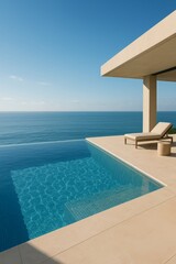 Infinity pool overlooking the vast blue ocean. Modern luxury resort offers serene relaxation.