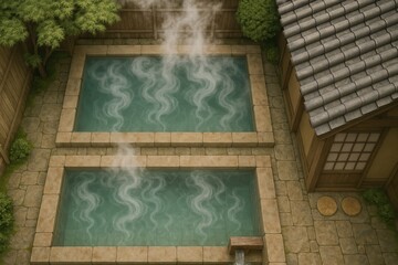 Overhead view of two tranquil Japanese outdoor onsens with rising steam. Traditional hot spring bath provides relaxation and serene natural beauty.