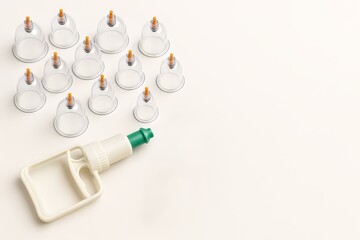 Cupping set equipment on white background. Traditional Chinese medicine tool for body therapy. Hijama, treatment according to the Sunnah.