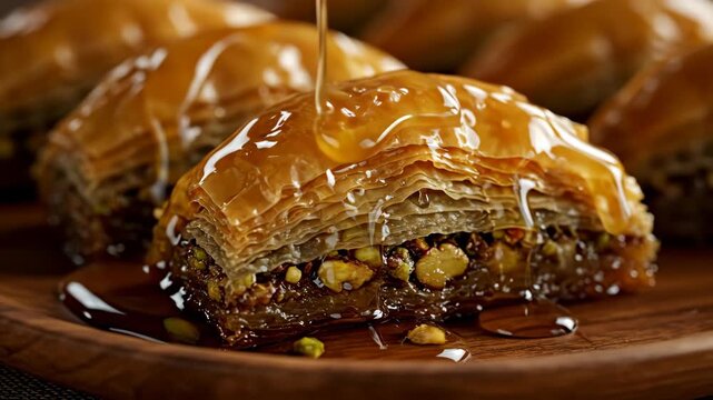 Golden phyllo pastry baklava with chopped pistachio is drizzled with sweet syrup on a wooden plate, dessert footage