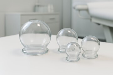 Hijama, treatment according to the Sunnah.Various sizes of clear glass cupping therapy cups. They sit on a clean white surface in a bright, modern room.