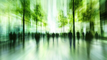 Green city commuting crowds in motion blur