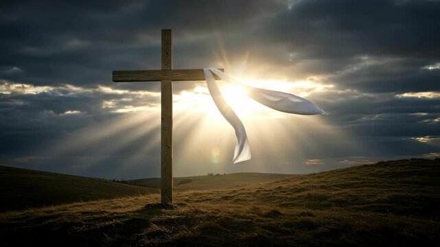 Wooden cross with white cloth flowing in wind under sun rays shining through stormy clouds for Easter resurrection concept video