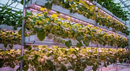 Medium shot focusing on melon clusters growing in hydroponic vertical racks emphasizing efficient space use and vibrant plant health under greenhouse lights.