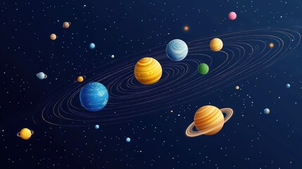Colorful planets orbiting a star in the solar system