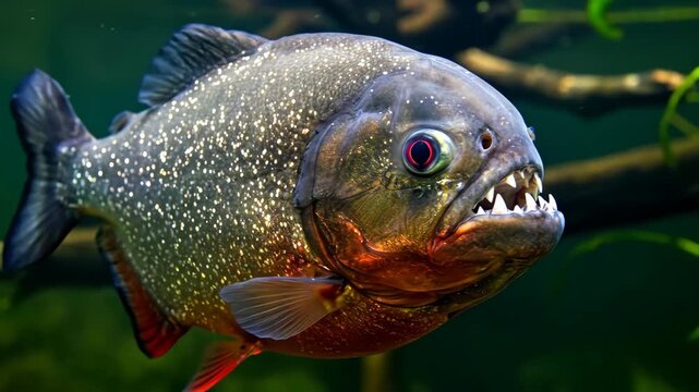 Dangerous piranha fish with sharp teeth underwater in aquarium. Aquatic fauna and predatory animal concept.