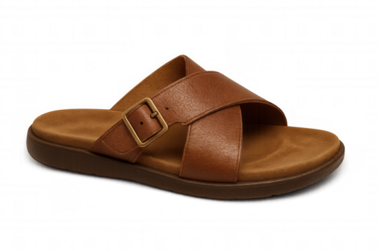 Fashionable brown leather sandal with crisscrossing straps, metallic buckle, positioned against transparent backdrop highlighting summer footwear design