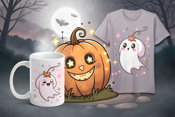 A Halloween ghost with pumpkin and bat with moon and mug and t-shirt , vector art, illustration art, PNG 