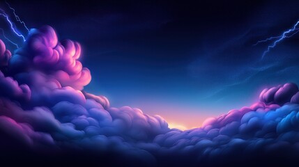 A vibrant digital painting depicting a dramatic sky filled with colorful, illuminated clouds and flashes of lightning.