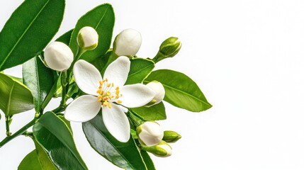 Obraz premium Citrus blossom white flower and green leaves on branch