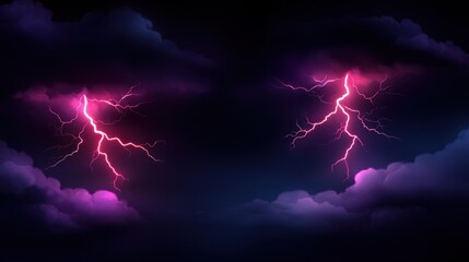 Fiery pink lightning bolts strike through dark, dramatic clouds at night.