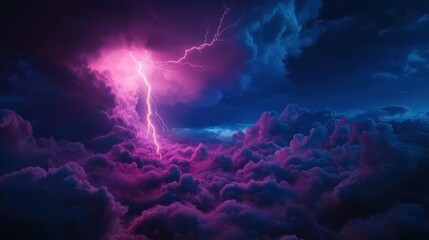 Dramatic lightning bolt illuminates a vibrant, swirling mass of dark, fluffy clouds.