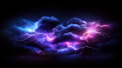 Dramatic image of dark storm clouds illuminated by vibrant purple, blue, and pink lightning strikes against a black backdrop.