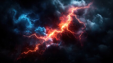 Dramatic storm clouds with vibrant red and blue lightning.