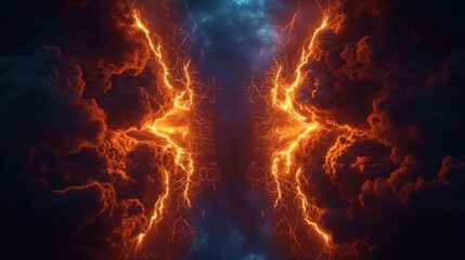 Dramatic abstract image of vibrant orange lightning bolts against a dark, stormy sky.