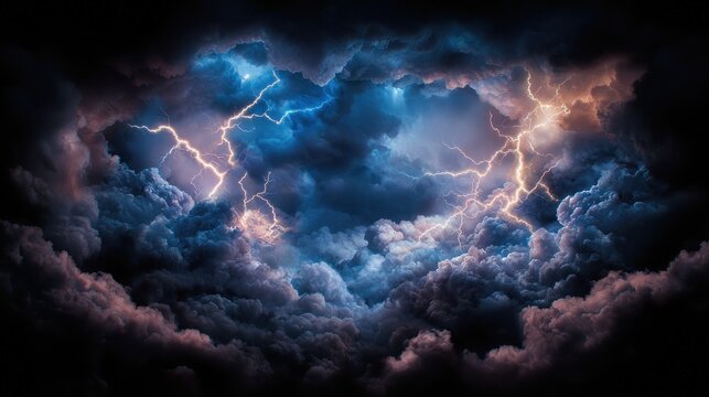 Dramatic lightning strikes illuminate a turbulent, dark sky filled with heavy, brooding storm clouds.