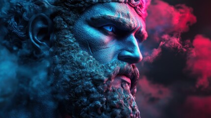 A powerful, stylized portrait of a majestic, bearded god-like figure, shrouded in ethereal, colored smoke.