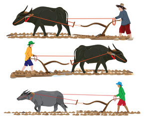 farmer plowing in paddy field vector design
