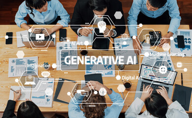 A vibrant team engages in a collaborative discussion on generative AI concepts while utilizing data visualizations and digital tools in a contemporary office setting. Amity
