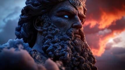A majestic stone statue of a bearded man with glowing eyes against a dramatic sky.
