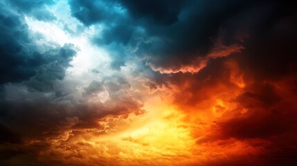 Dramatic skyscape featuring contrasting blue and orange hues in swirling, ominous-looking clouds.