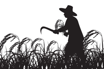 silhouette farmer harvesting rice plant in paddy field vector design