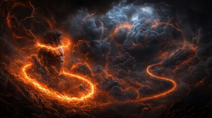Fiery, swirling clouds encircle mysterious rock formations in a dramatic, otherworldly scene.