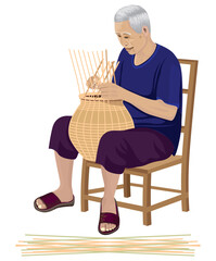 country old man is sitting and weaving a container with bamboo.isolated on white background vector design