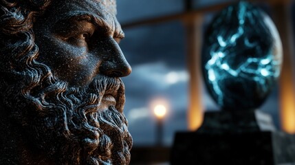 Close-up of a classical bust of a philosopher, with a glowing, cracked egg-shaped object in the background.